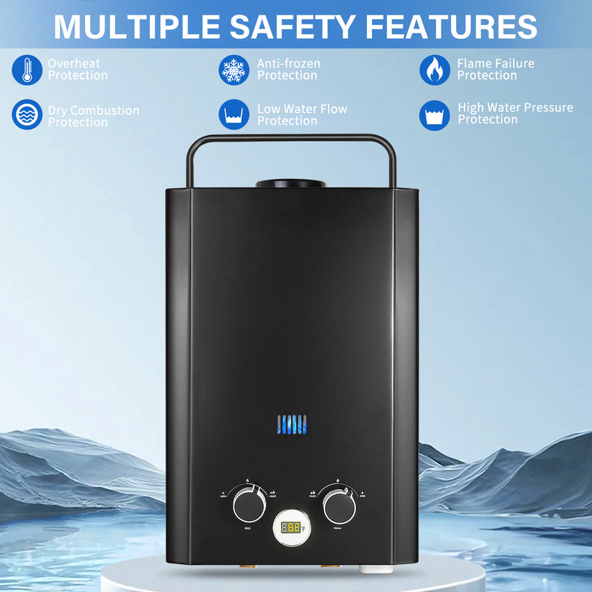 Tankless Water Heater Propane, 1.58GPM 5L Portable Instant Hot Water Heater, Outdoor Use for RV, Camper Van, Camping Trailer, Cabin, Barn, Pool, Black