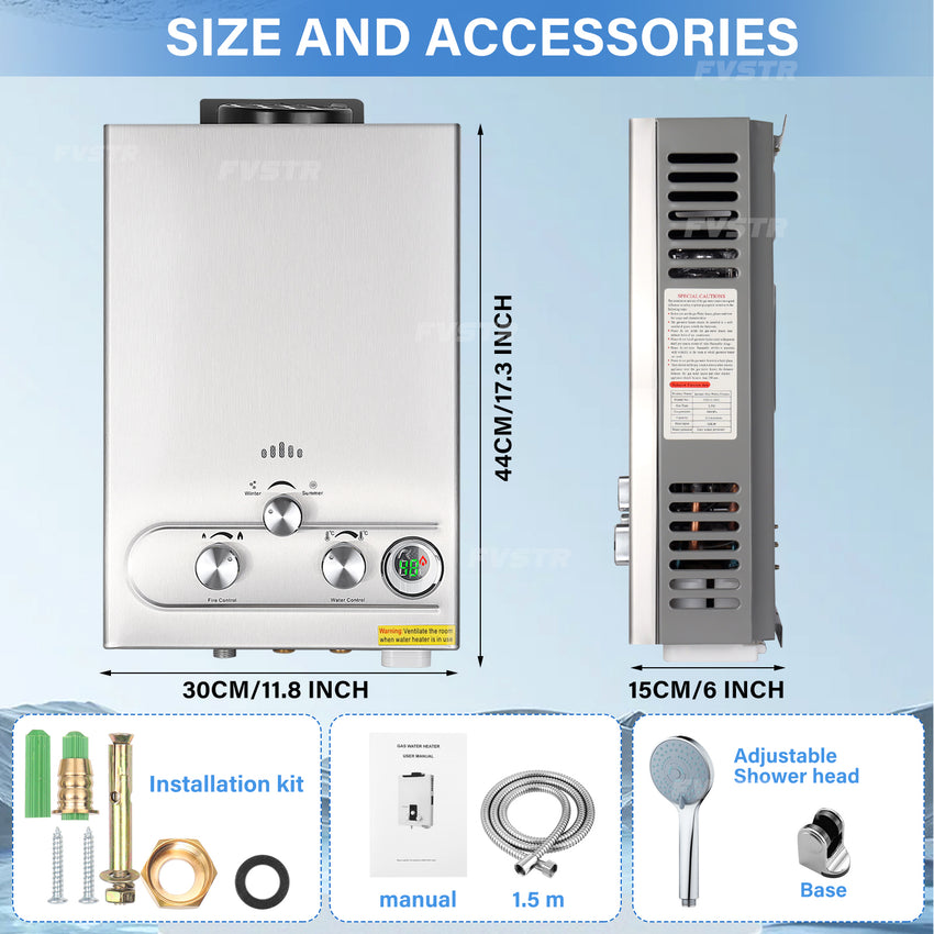 Tankless Water Heater Propane,1.6GPM 6L Portable Instant Hot Water Heater, Outdoor Use for RV, Camper Van, Camping Trailer, Cabin, Barn, Pool, Sliver