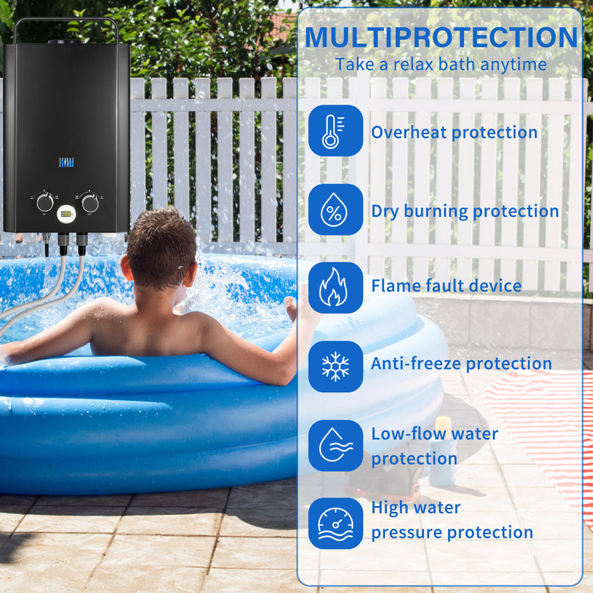 Tankless Water Heater Propane, 1.58GPM 5L Portable Instant Hot Water Heater, Outdoor Use for RV, Camper Van, Camping Trailer, Cabin, Barn, Pool, Black