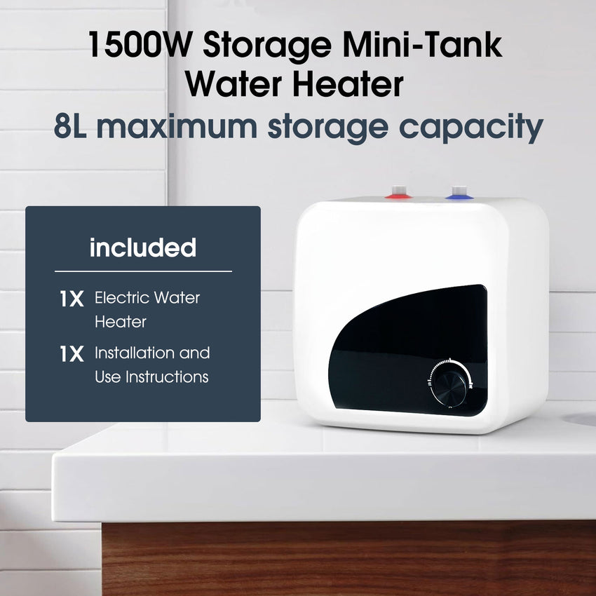 FVSTR Electric Hot Water Heater 120V Small Compact Tank Storage,Rv Tr 2.16 Gallon Trailer 1.5KW Kitchen Instant Under Sink Counter,1 PCs 16” Long 1/2”FIP Stainless Steel Water Hose