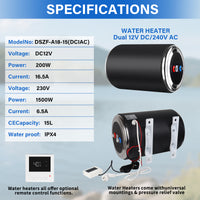 Dual Power Water Heater, 12V DC 200W/120V AC 1500W, 10L/15L, US Plug RV Tank Water Heater, Instant for RV, for Camper with Double Power Supply & Remote Controller CSA approved (Black-15L)