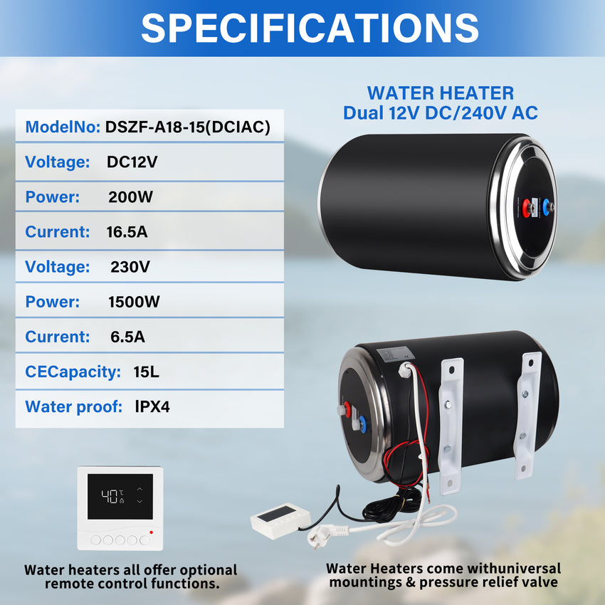 Dual Power Water Heater, 12V DC 200W/120V AC 1500W, 10L/15L, US Plug RV Tank Water Heater, Instant for RV, for Camper with Double Power Supply & Remote Controller CSA approved (Black-15L)